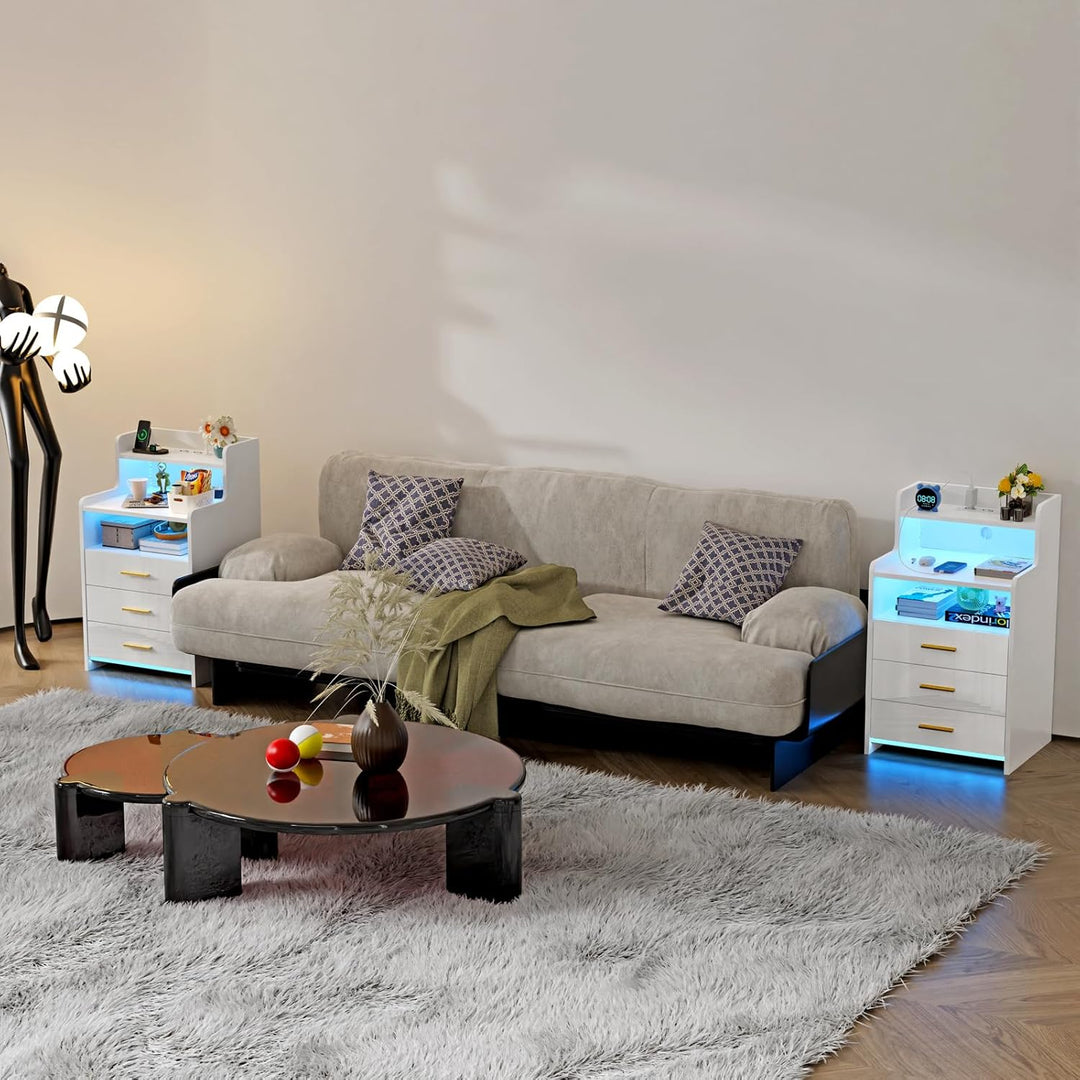 PIPIPOXER Nachttisch mit Steckdose und Ladefunktion,Nachtschrank mit 3 Schubladen und 16 Farben Bele