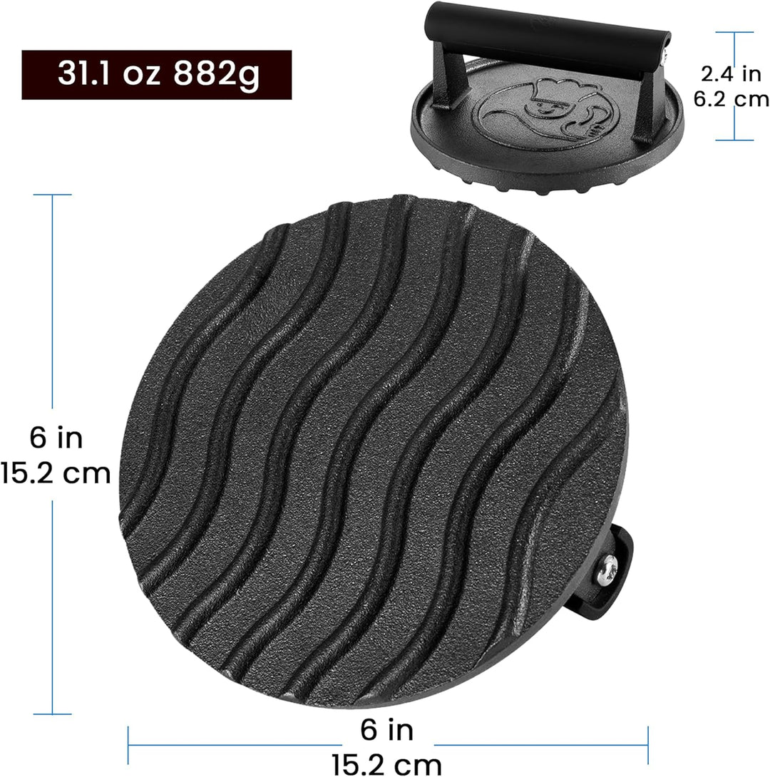Burgerpresse Gusseisen antihaft | Grosser Burger Smasher (Ø15cm) mit hitzeabweisendem Griff | Fleisc