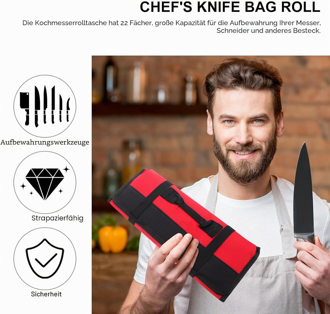 Hemoton Chefs Knife Rolltasche mit 22 Schlitzen, Messer, Besteck, tragbar, für Zuhause, Küchenutensi
