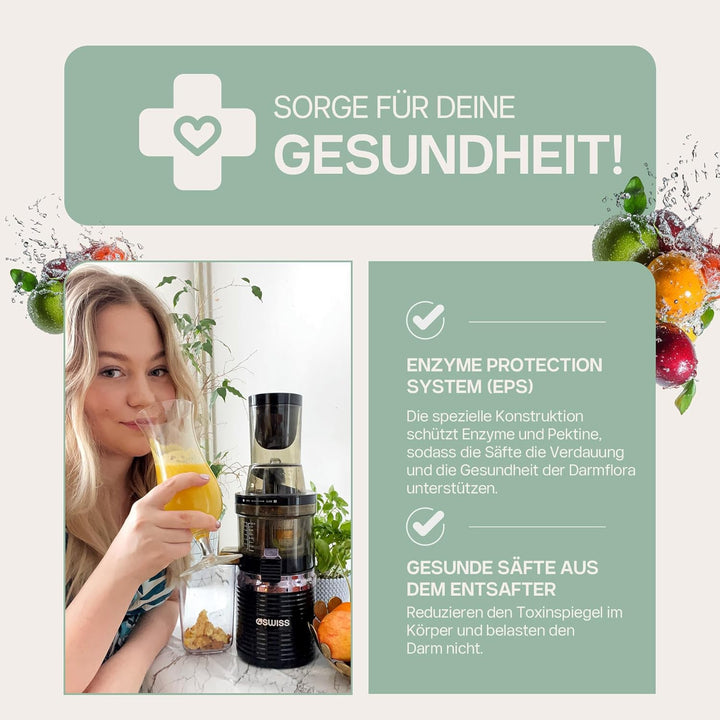 4Swiss Entsafter Saftpresse Elektrisch für Gemüse Obst Slow Juicer Machine mit Einfüllschacht - Kalt