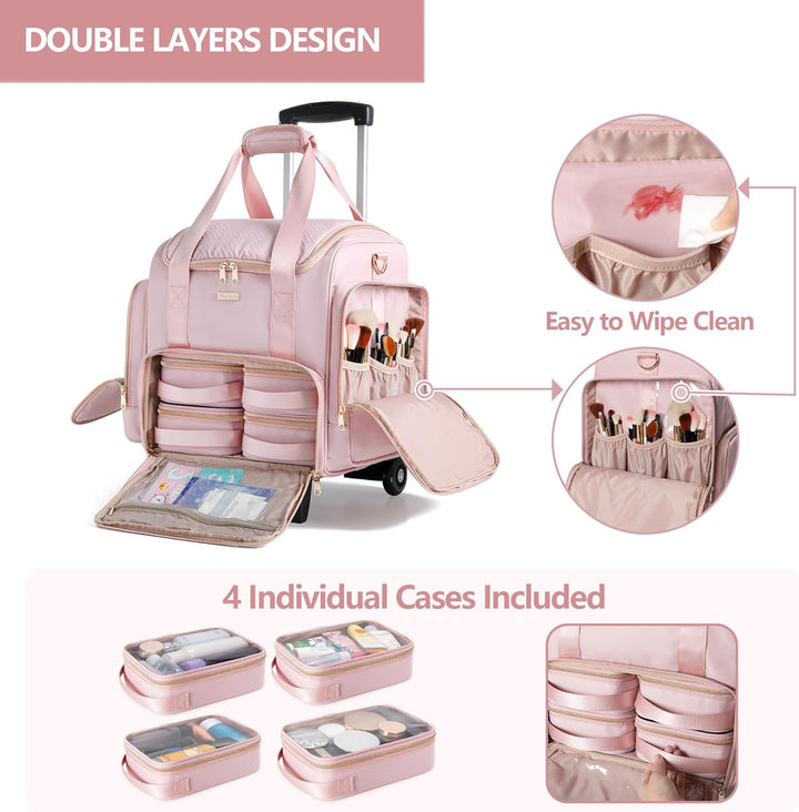 Rollbare Make-up Tasche mit 4 Einzelnen Koffern, professioneller Makeup Koffer mit Rollen Reisetasch