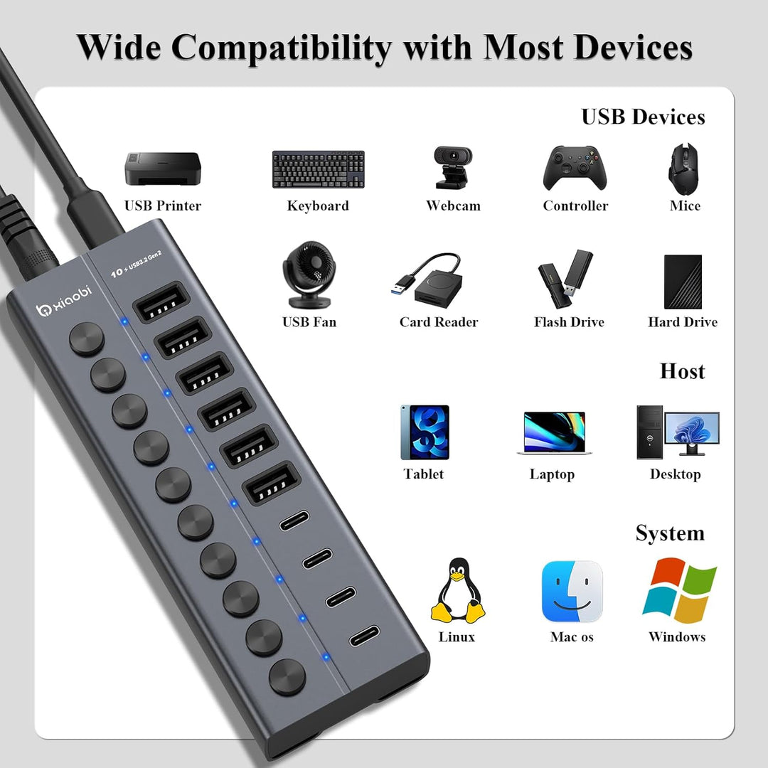 10 Port USB Hub mit Netzteil 60W - 10Gbps USB 3.2 Gen 2 Hub Aktiv aus Aluminium mit 6 USB-A & 4 USB-