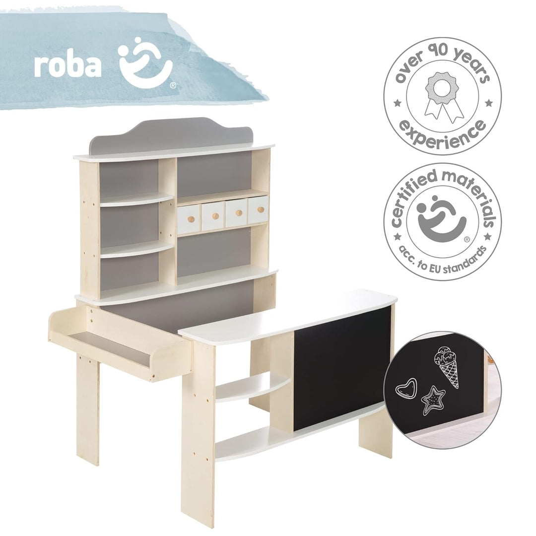 roba Kaufladen, Holz natur,weiss/grau lackiert, 4 Schubladen,Tafel, Theke & Seitentheke Kaufladen mi