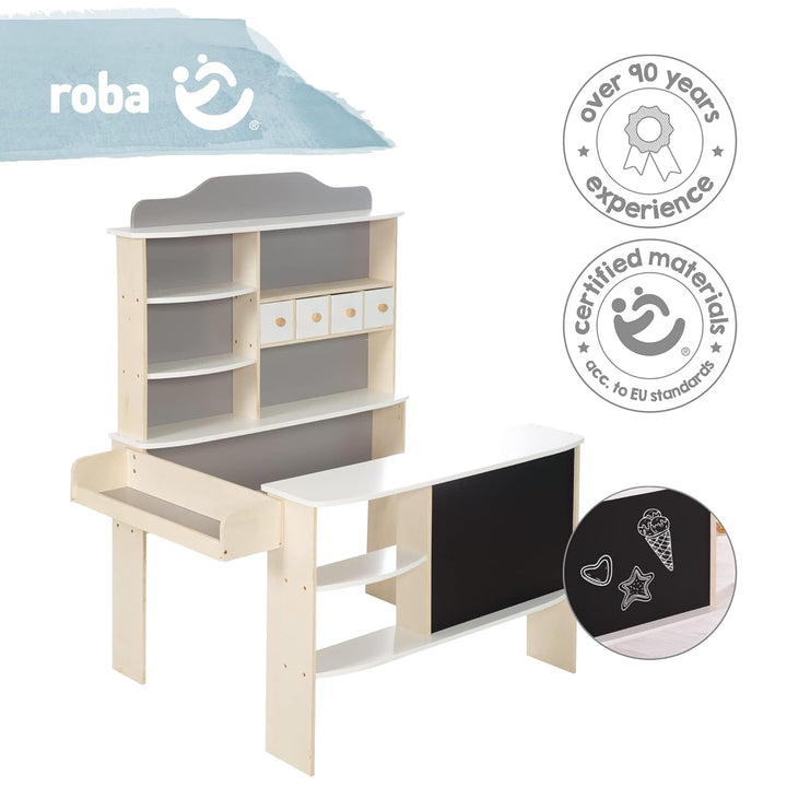 roba Kaufladen, Holz natur,weiss/grau lackiert, 4 Schubladen,Tafel, Theke & Seitentheke Kaufladen mi