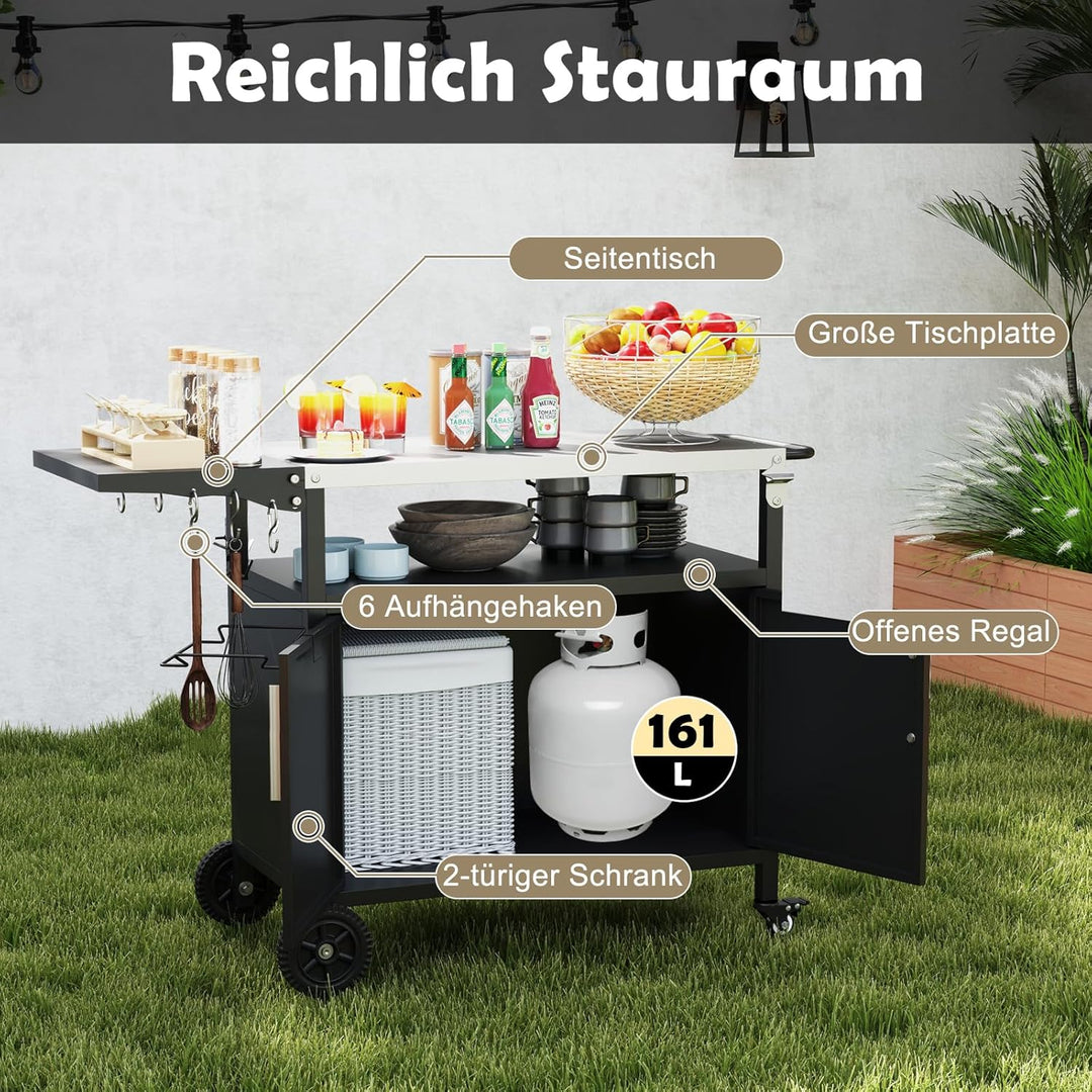 COSTWAY Grillwagen Outdoor, Grilltisch mit Edelstahlplatte, klappbarem Seitentisch, Schrank, 6 Haken