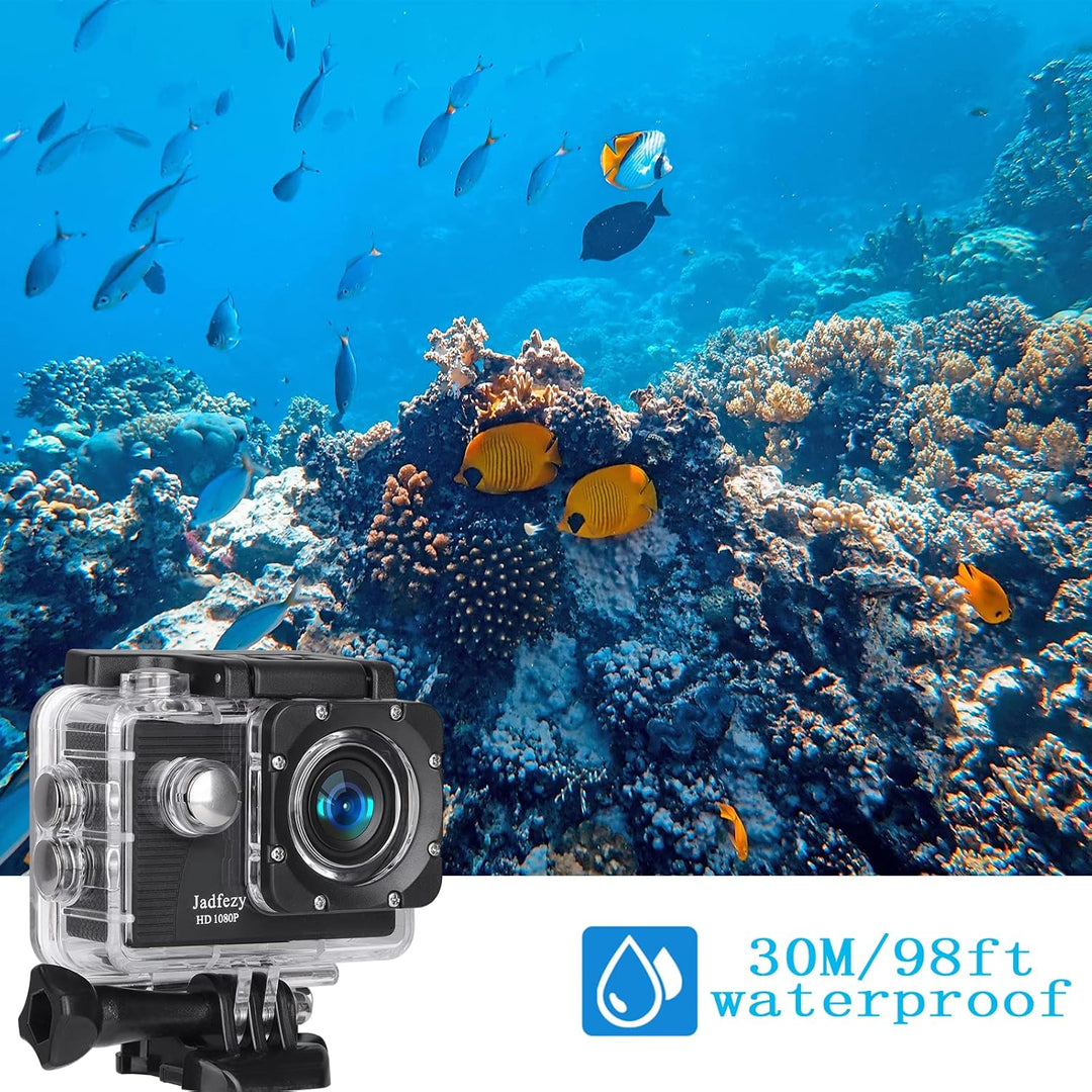 Jadfezy Action Cam FHD 1080P/12MP, Unterwasserkamera wasserdicht bis 30M, 140 Grad Weitwinkel Action
