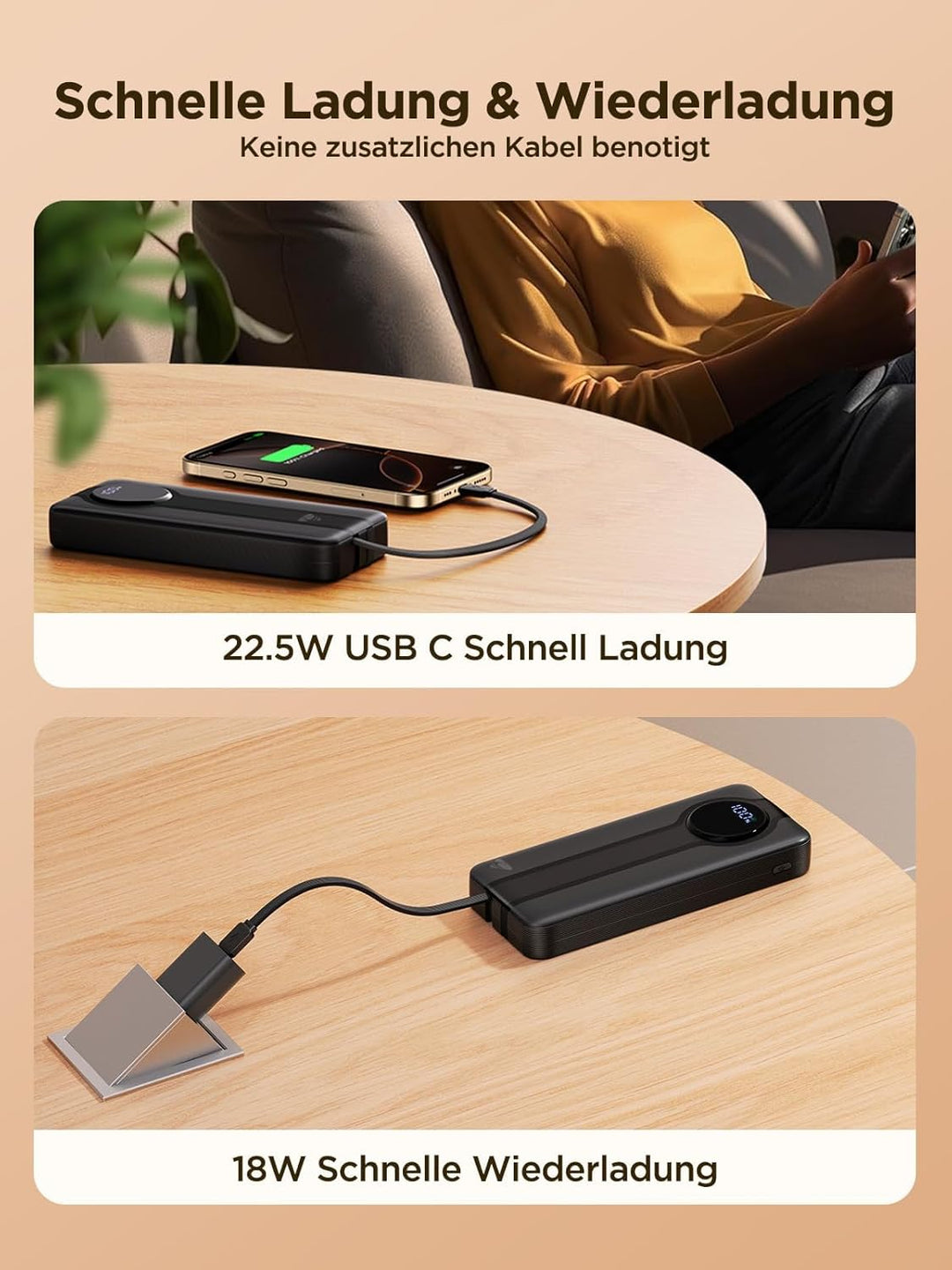 Aioneus Power Bank with Built-in USB-C and Lightning Cables 20000mAh Schwarz Schwarz 20000mAh, Schwa