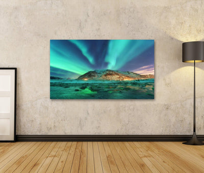 Bild auf Leinwand Aurora Nordlichter In Lofoten Inseln Norwegen Sternenhimmel Mit Polarlichtern Wand