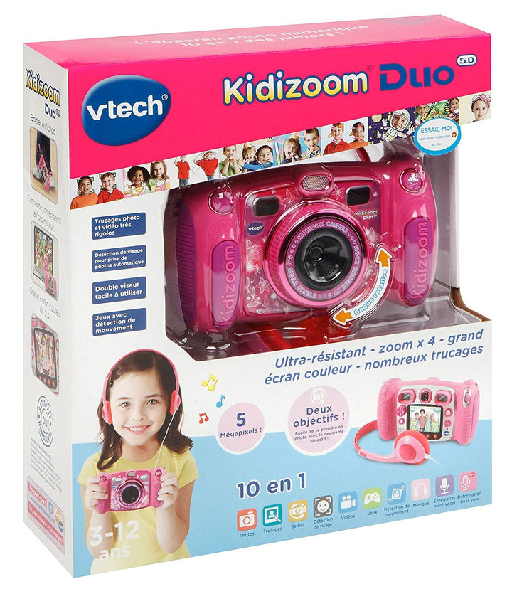 Vtech Kidizoom Duo 5.0 Digitale Kamera für Kinder, 5 MP, Farbdisplay, 2 Objektive, Pink Französische