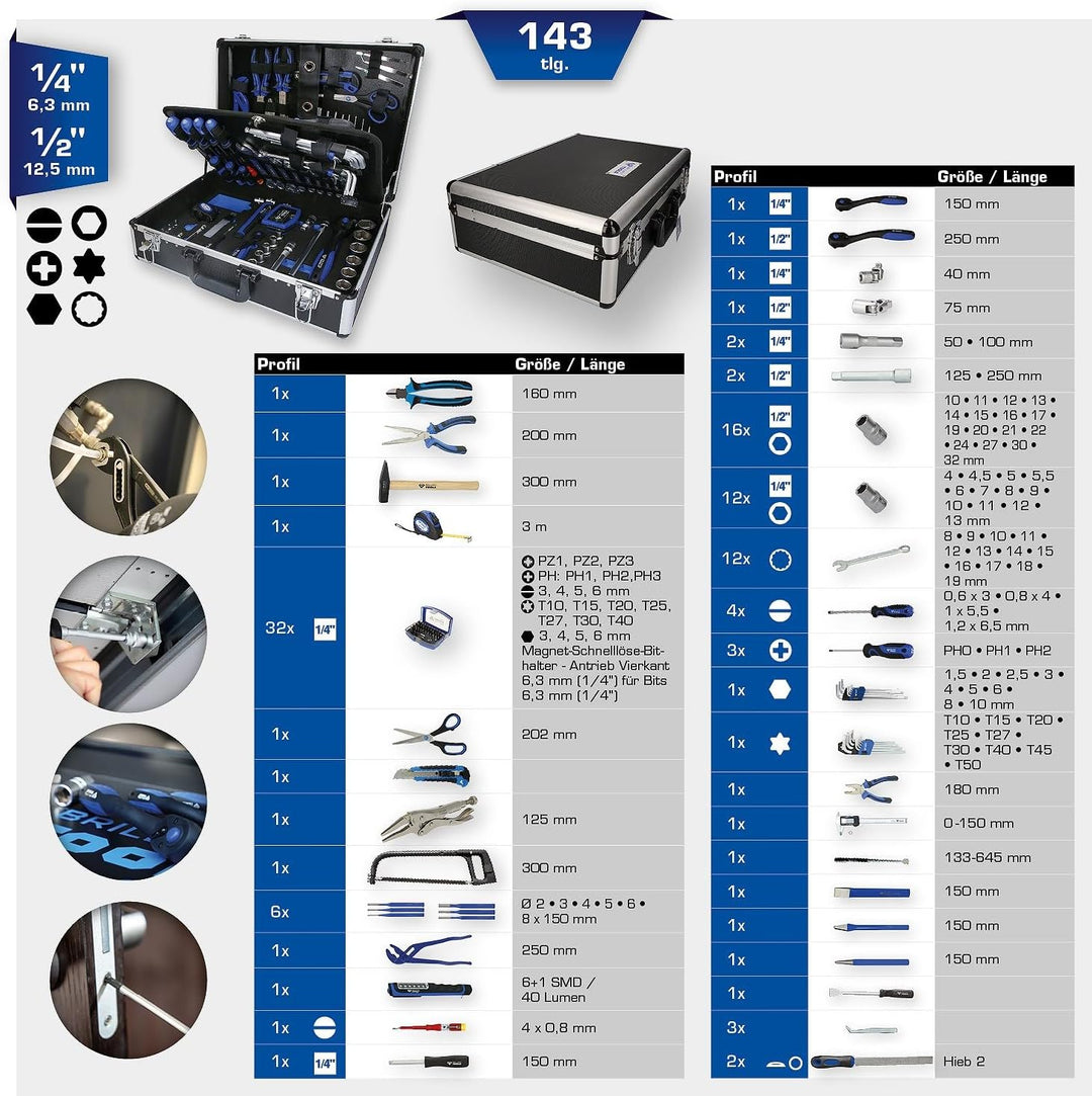 BRILLIANT TOOLS BT024143 1/4" + 1/2" Universal-Werkzeug-Satz, 143-tlg [Powered by KS TOOLS] 143-tlg.