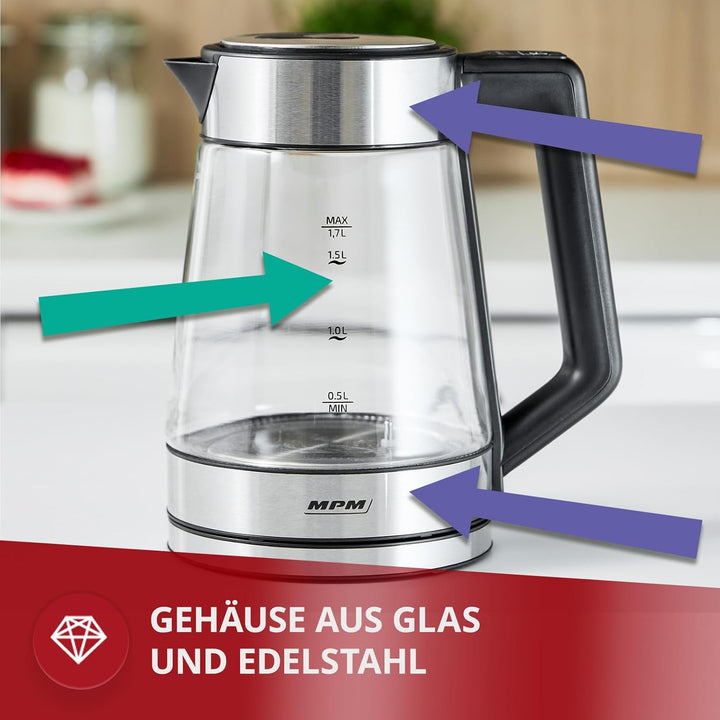 MPM MCZ-116 Wasserkocher 1,7L mit LED-Beleuchtung 2200W, Temperaturregelung 50-100°C, Glas- und Edel