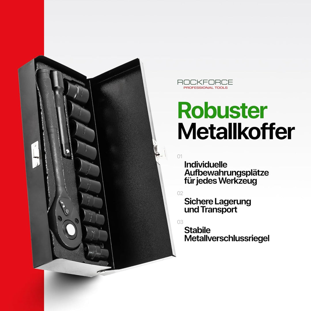 ROCKFORCE 12-tlg. 1/2 Zoll Steckschlüssel-Set mit Ratsche, 6-Kant Stecknüssen 10-24 mm, Verlängerung