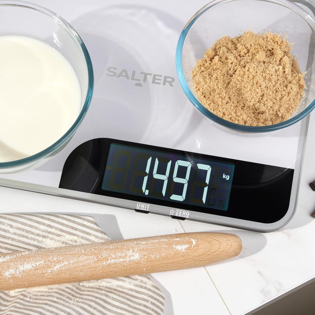 Salter Digitale Küchenwaage – LED-Display, leicht lesbar, Doppelfunktion, extra grosse Hochglanzplat