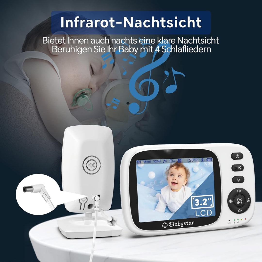 Babystar Babyphone mit Kamera, 3.2 Zoll Video-Babyphone Wireless, Nachtsicht, Temperaturüberwachung,