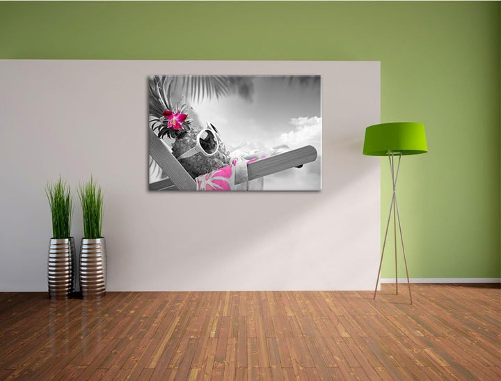 Ananas im Urlaub schwarz/weiss Format: 100x70 auf Leinwand, XXL riesige Bilder fertig gerahmt mit Ke
