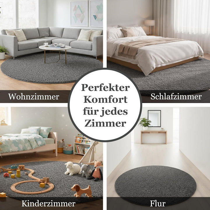 Taracarpet Shaggy Teppich Wohnzimmer Venezia Hochflor Langflor Teppiche modern Anthrazit 120 cm rund