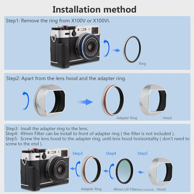 Haoge LH-X54W Metall Rechteckig Sonnenblende Gegenlichtblende mit 49mm Adapterring für Fujifilm Fuji