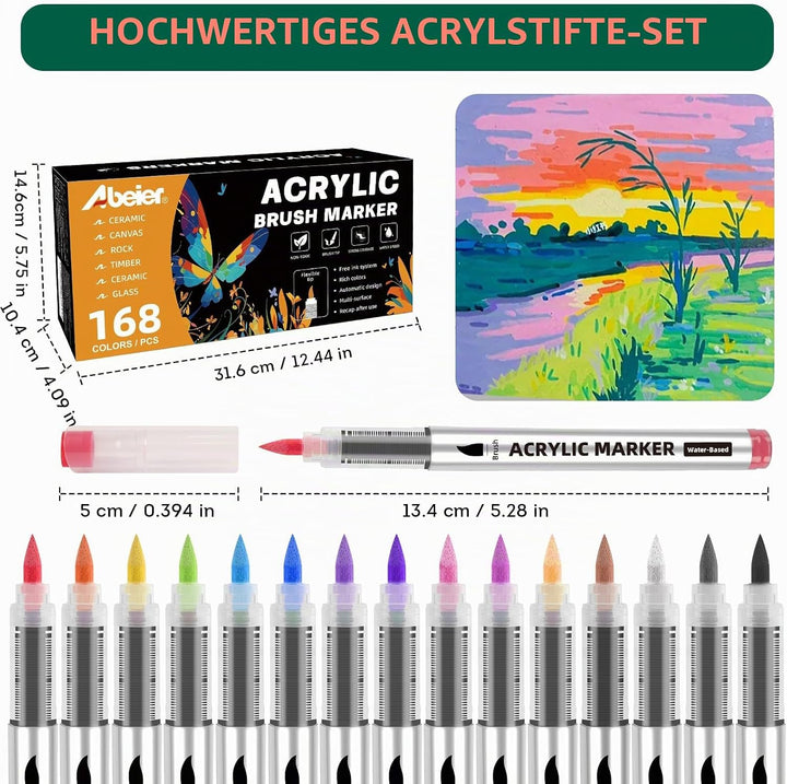 ABEIER 168 Farben Acrylstifte Set für Steine Wasserfest Brush Tip Acrylic Pens Set, Acrylmarker Schn