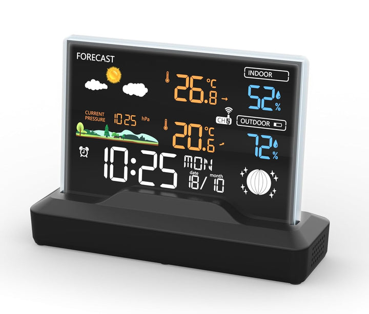 SOUCCESS FUNK-WETTERSTATION "DELUXE" - FARBIGE WETTERSTATION MIT FUNKUHR, WETTERDATEN, AUSSENSENSOR,