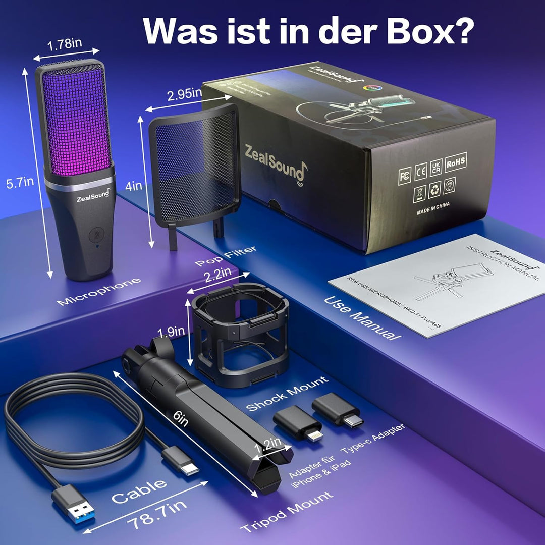 zealsound Gaming USB Mikrofon PC, für Streaming Podcast Studio, für PS4 PS5 Mac Handy, mit Typ-C Ada