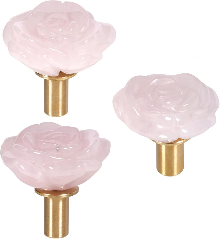 mookaitedecor Satz von 4 Rosenquarz Rose Blume Schrankknöpfe mit Schrauben, dekorative florale Möbel