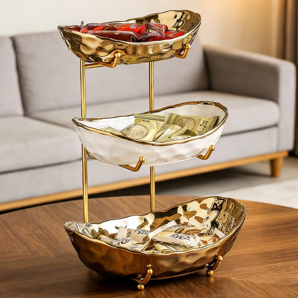 3-Schicht Obstschale Keramik mit Metallgestell, Obstschale Etagere, Elegante Etagere zum Servieren v