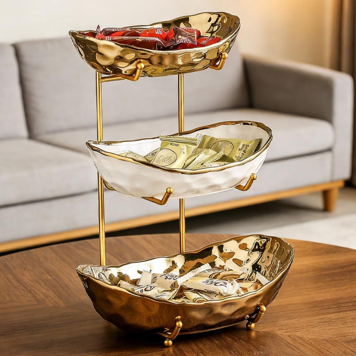 3-Schicht Obstschale Keramik mit Metallgestell, Obstschale Etagere, Elegante Etagere zum Servieren v