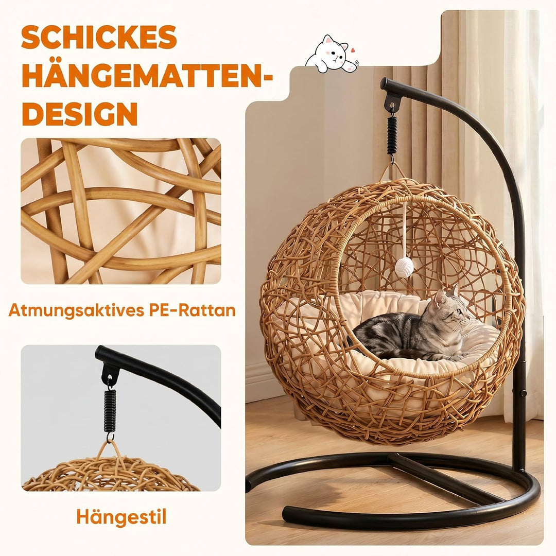 PawHut Katzenschaukel Rattan Hängesessel für Katzen mit Waschbarem Kissen und Spielball, hängendes K
