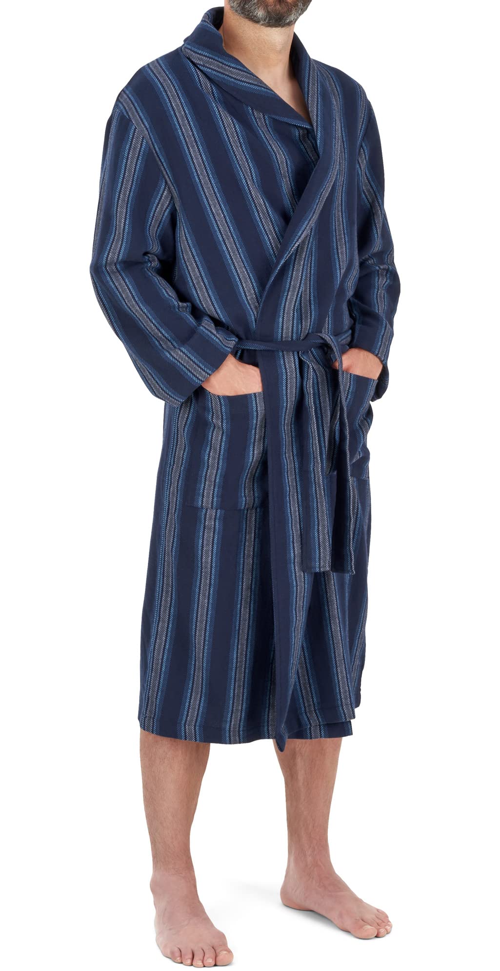 John Christian Leichter gestreifter Morgenmantel aus Reiner Baumwolle, Marineblau M Marineblau, M Ma