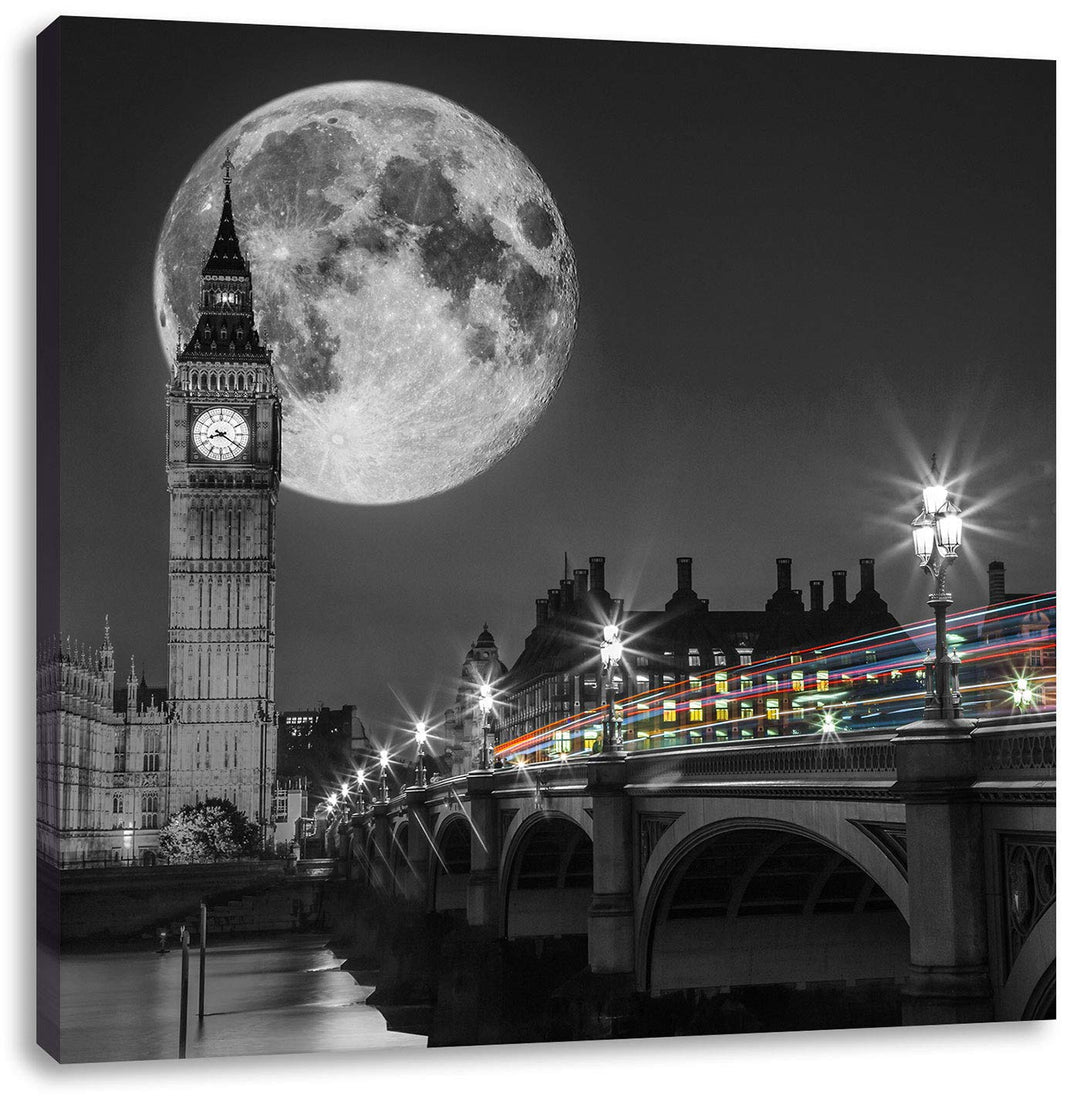 Pixxprint Big Ben vor dem Mond in London schwarz/weiss, Format: 70x70 auf Leinwand, 70x70