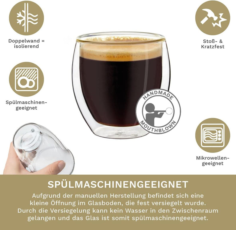 Creano doppelwandige Espresso-Gläser, 6er-Set 100ml, Mokkatassen, Thermo-Gläser mit Schwebe-Effekt S