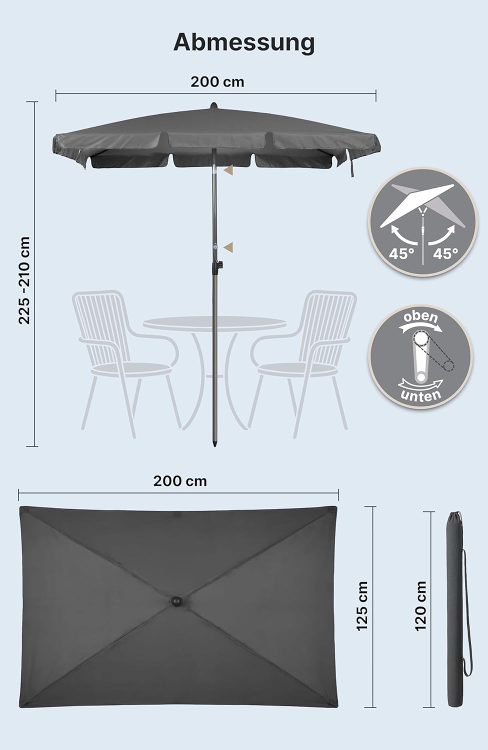 4smile Sonnenschirm Balkon mit Kurbel, Sonnenschirm rechteckig 200x125 cm, Sonnenschutz Balkon mit U