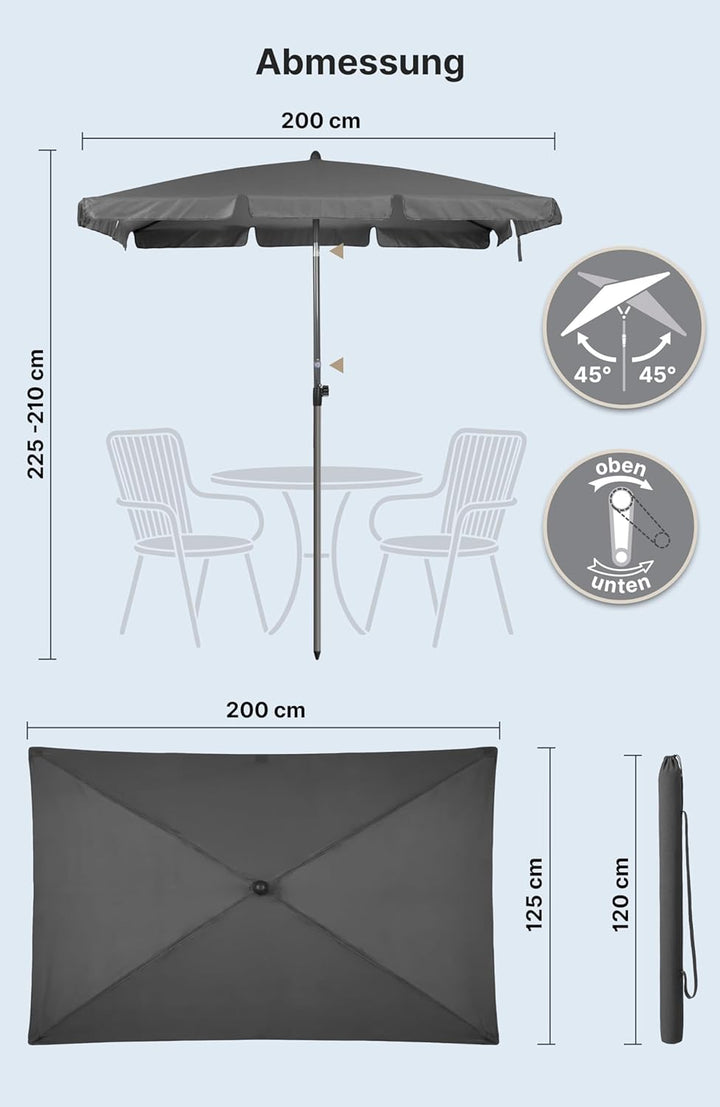 4smile Sonnenschirm Balkon mit Kurbel, Sonnenschirm rechteckig 200x125 cm, Sonnenschutz Balkon mit U
