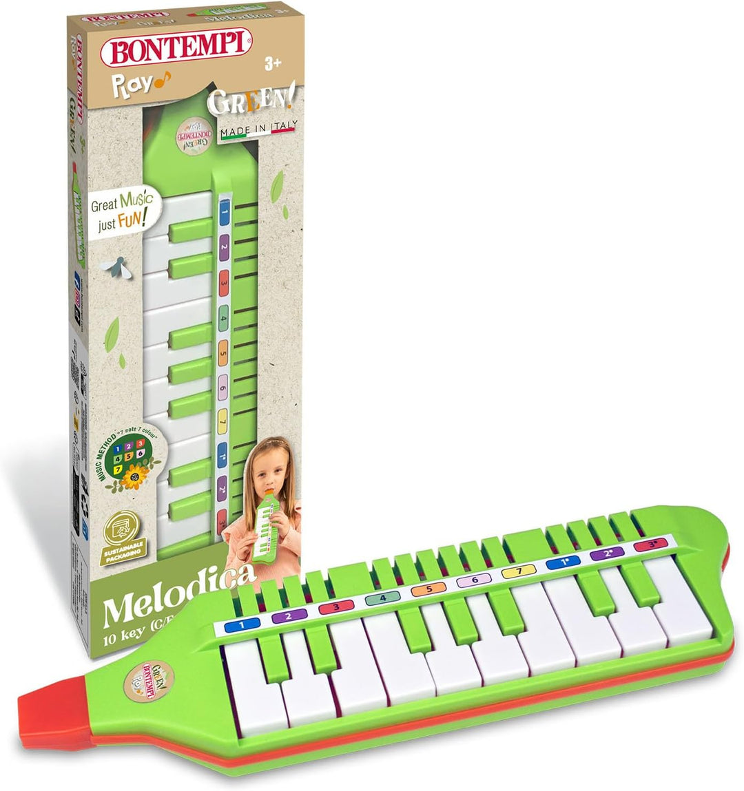 Bontempi | Green Melodica, Blasharmonika mit 10 Tasten (C-E) 310mm, Musikalisches Spielzeug für Kind