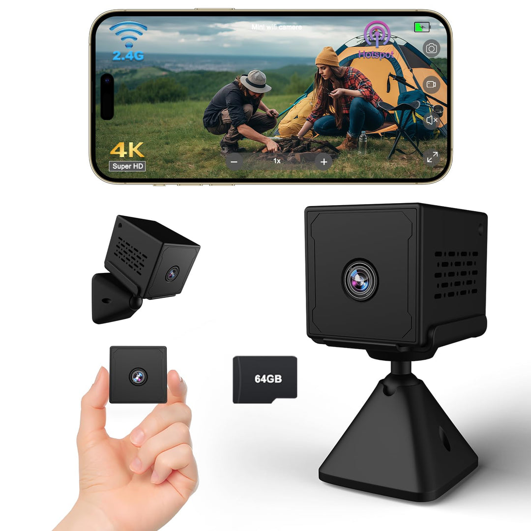 Mini Kamera, 4k Ultra HD Kamera Überwachung Innen mit 64GB Speicherkarte, WLAN/AP Hotspot/Ohne WLAN