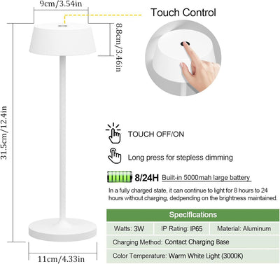 Klighten Dimmbare LED Akku Tischlampe 2 Stück IP65 Wasserdichte Kabellos Touch Metall Aluminium Akku