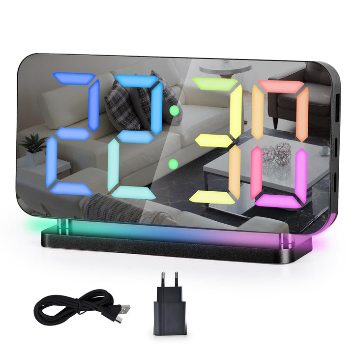 SZELAM Wecker Digital, Nachttisch,7,4" Spiegeluhr mit 10 Modi RGB-Nachtlicht,11 Farben LED Digitalan