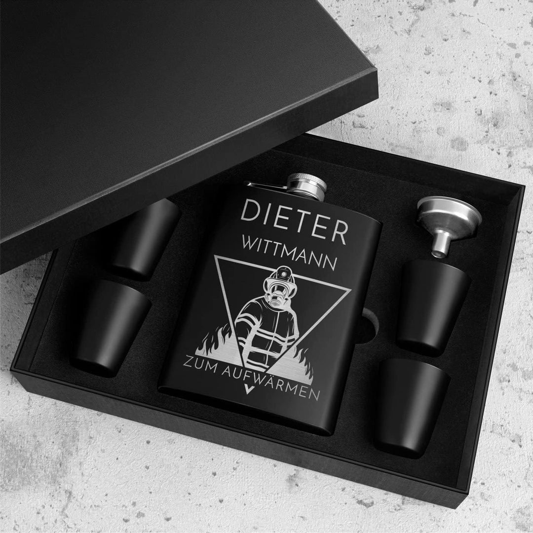 Maverton Flachmann 200 ml mit Gravur - Geschenkset mit 4 Schnapsgläsern 20 ml und Trichter - persona