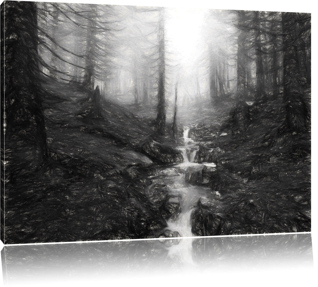 Pixxprint Bach im Wald Kunst als Leinwandbild/Grösse: 100x70 / Wandbild/Kunstdruck/fertig bespannt,