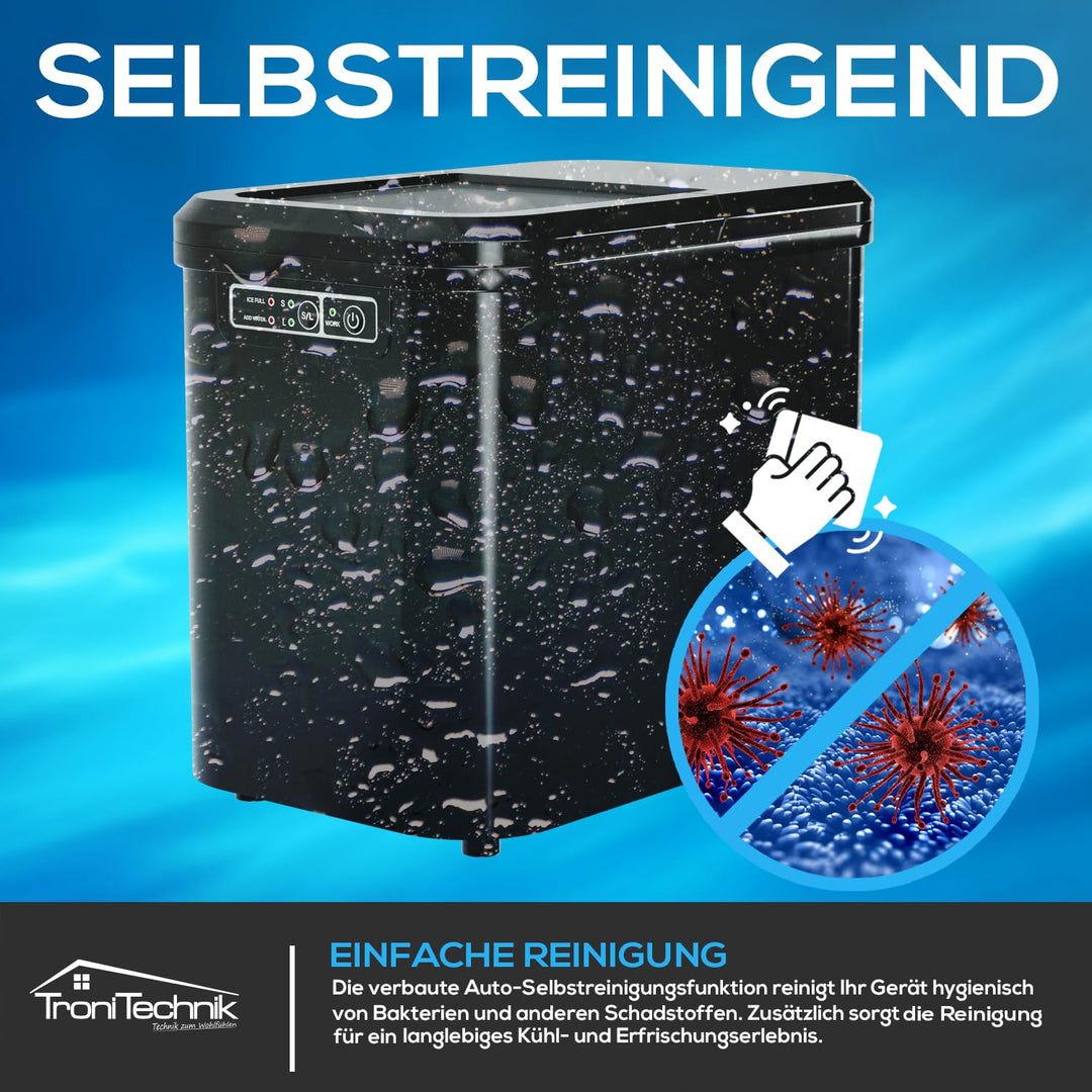 TroniTechnik® Eiswürfelmaschine Eiswürfelbereiter, Ice Maker, 12kg/24h, 2,2 Liter Wassertank, 2 Grös