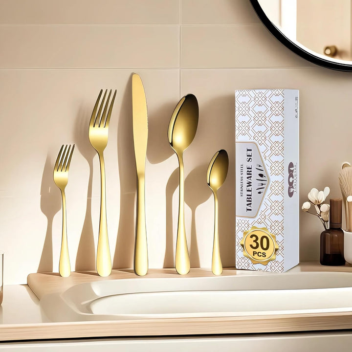 Besteckset für 6 Personen, Edelstahl Essbesteck Set 30 teilig, Besteckset mit Messer Gabel Löffel, G