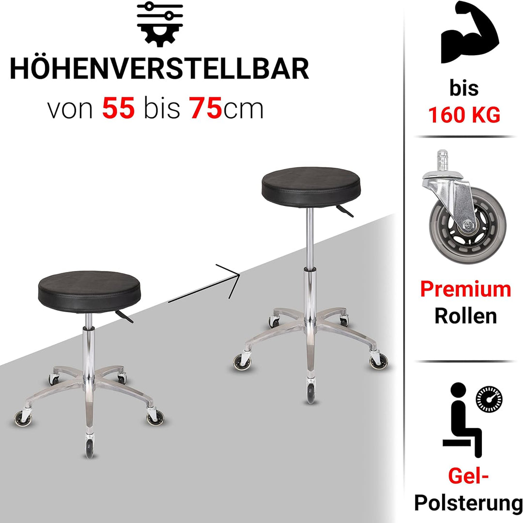Staboos Rollhocker bis 160 kg - Gel-Polster Sitz rund - Praxishocker (Premium Rollen) Drehhocker höh
