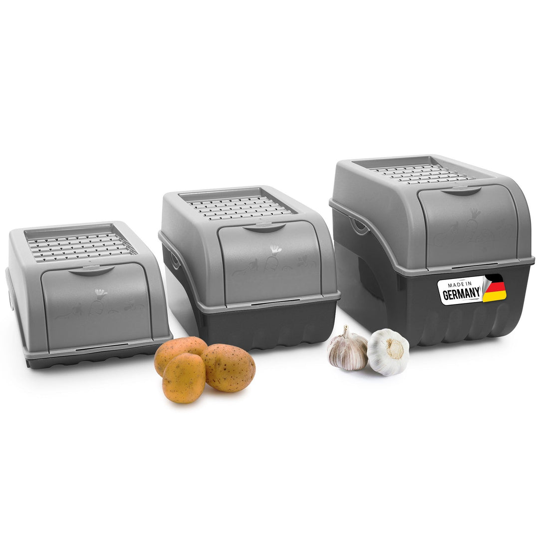 Novaliv Kartoffel Aufbewahrungsboxen Set | 3,5L + 5L + 9L | GRAU | Kartoffelboxen | Gemüseboxen stap