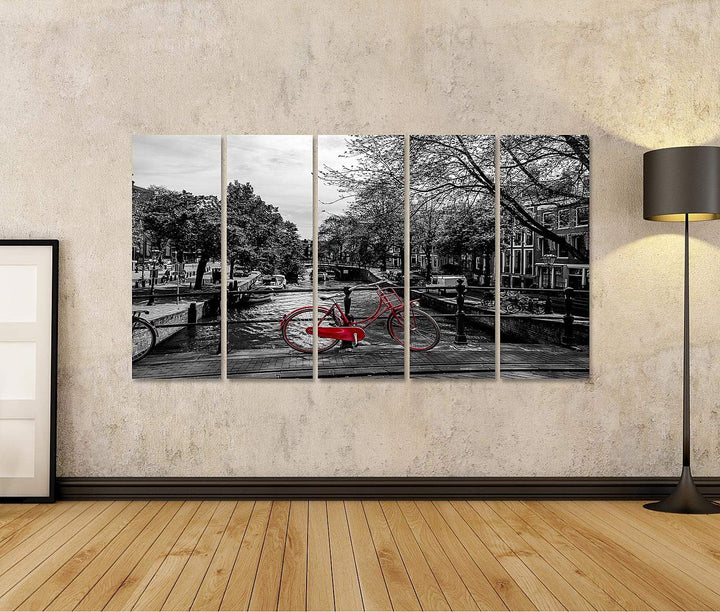 islandburner Bild auf Leinwand Rotes Fahrrad Brücke Schwarz Weiss Bilder Wandbilder Poster, 160L x 8