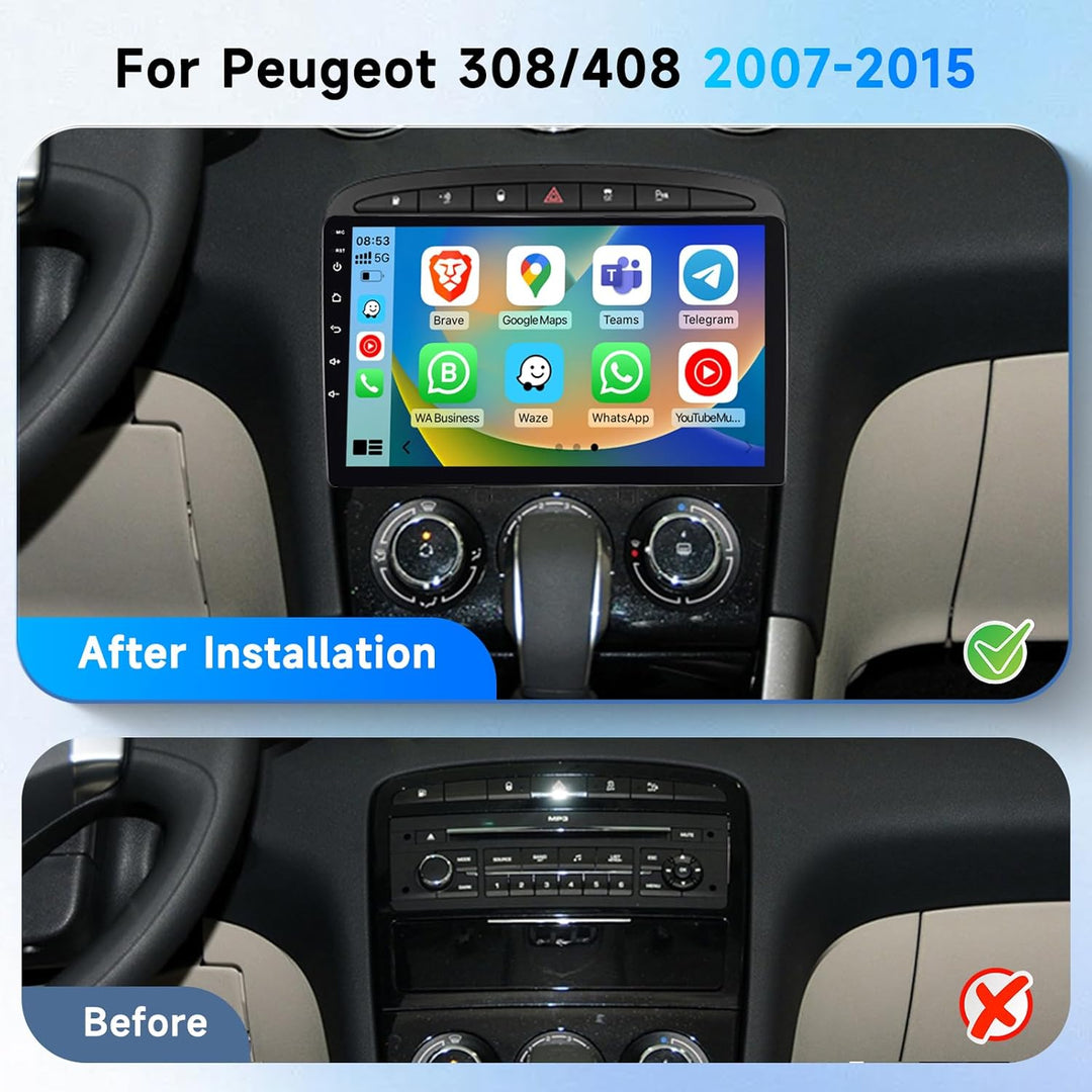 Podofo Android Autoradio für Peugeot 308 408 2010-2013, 9" Touchscreen Carplay Android Auto WiFi Blu