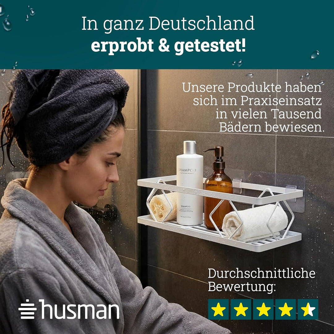 husman® Duschablage-Set ohne Bohren | Weiss | 10-teilig mit Ablaufrillen | Kleben statt Bohren | Dus