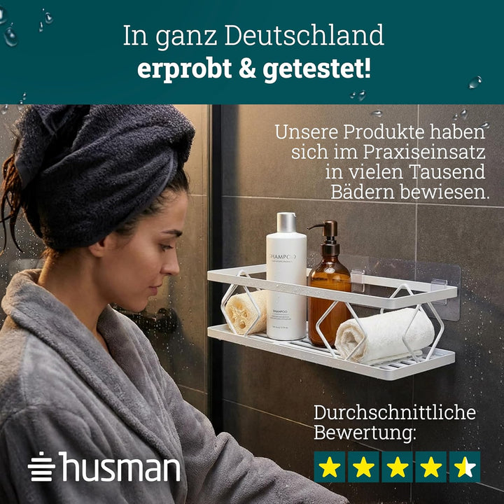 husman® Duschablage-Set ohne Bohren | Weiss | 10-teilig mit Ablaufrillen | Kleben statt Bohren | Dus