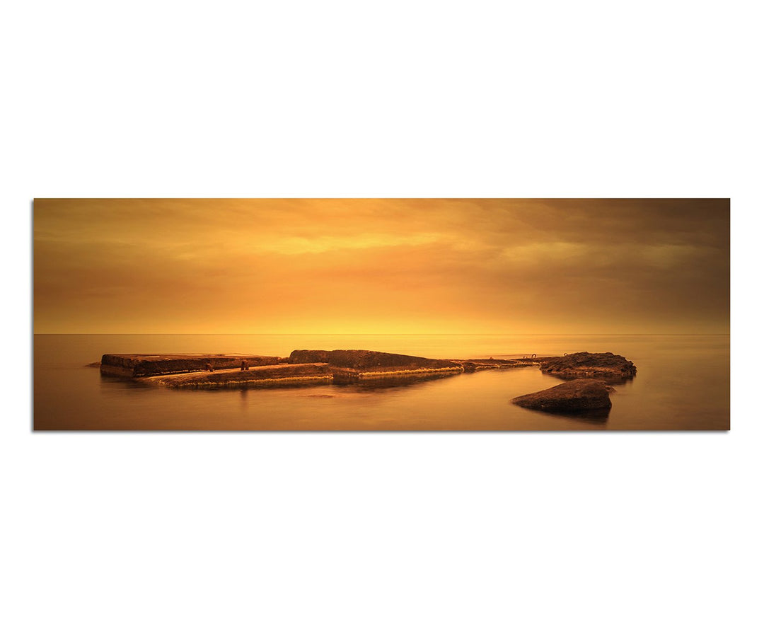 Paul Sinus Art Panoramabild auf Leinwand und Keilrahmen 150x50cm Meer Steine Nebel Sonnenaufgang
