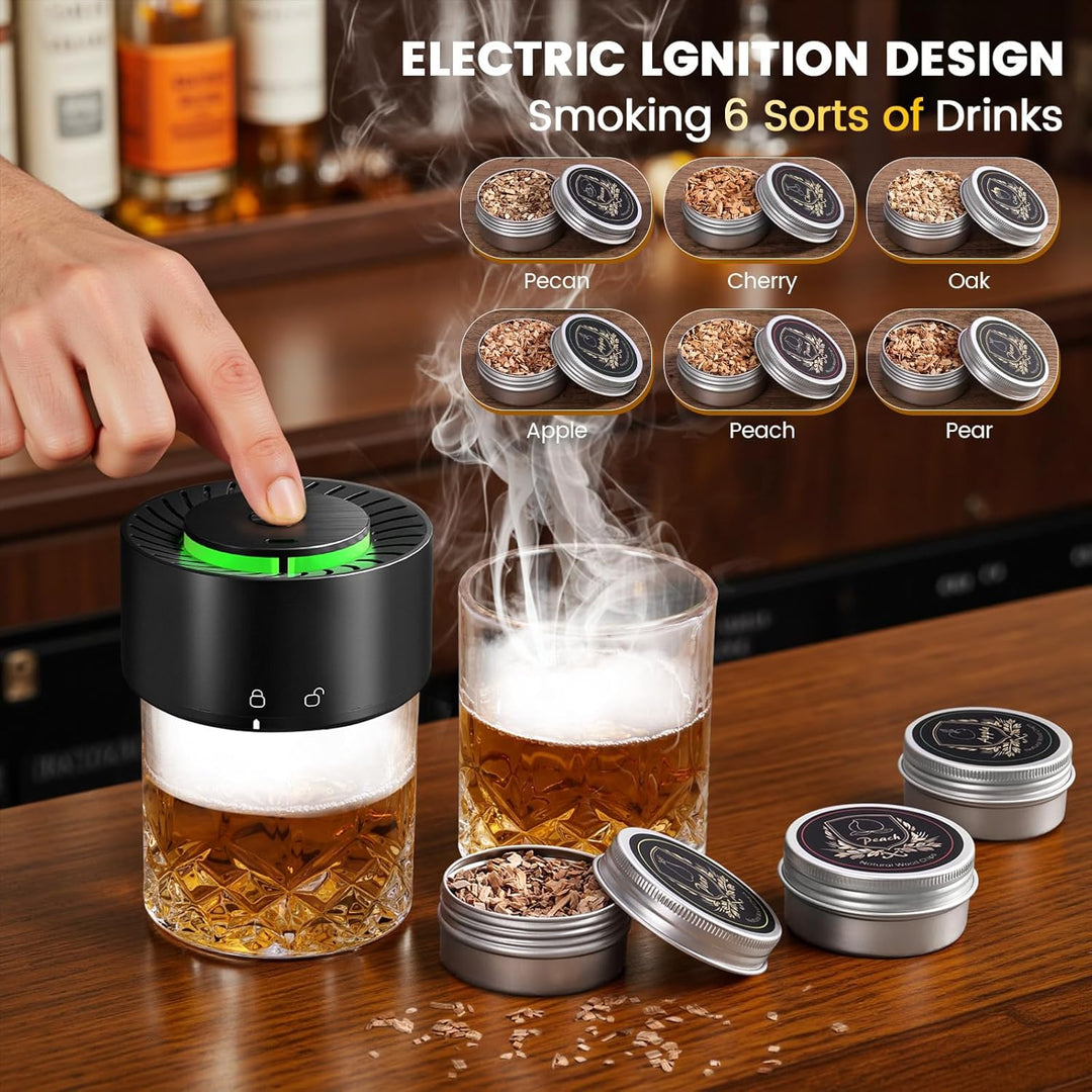 Electric Whiskey Smoker Set mit 2 Glasses, 6 Geschmacksrichtungen Holzspäne, 2 Eisball-Formen, Cockt