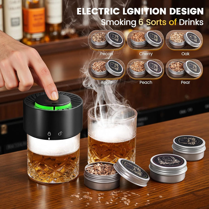 Electric Whiskey Smoker Set mit 2 Glasses, 6 Geschmacksrichtungen Holzspäne, 2 Eisball-Formen, Cockt